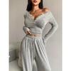 Women Solid Color Two Piece Set Long Sleeve Buttoned Fitted Top Long Pants