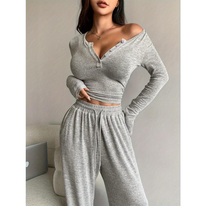 Women Solid Color Two Piece Set Long Sleeve Buttoned Fitted Top Long Pants