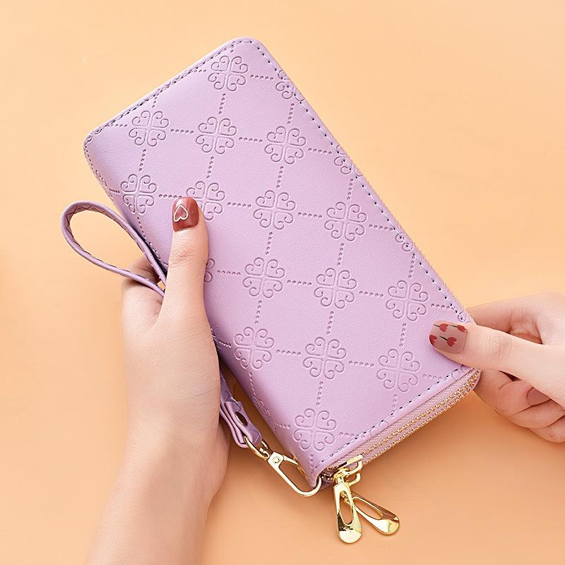 Wallet for women, long, European and American, shiny leather, double zipper handbag, large capacity, double-layer phone bag, frosted wrist wallet