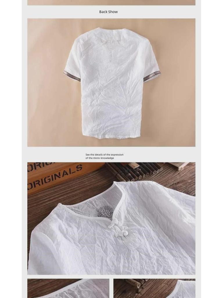 Herren-T-Shirt mit kurzen Ärmeln und chinesischem Knopfmuster aus Leinenimitat