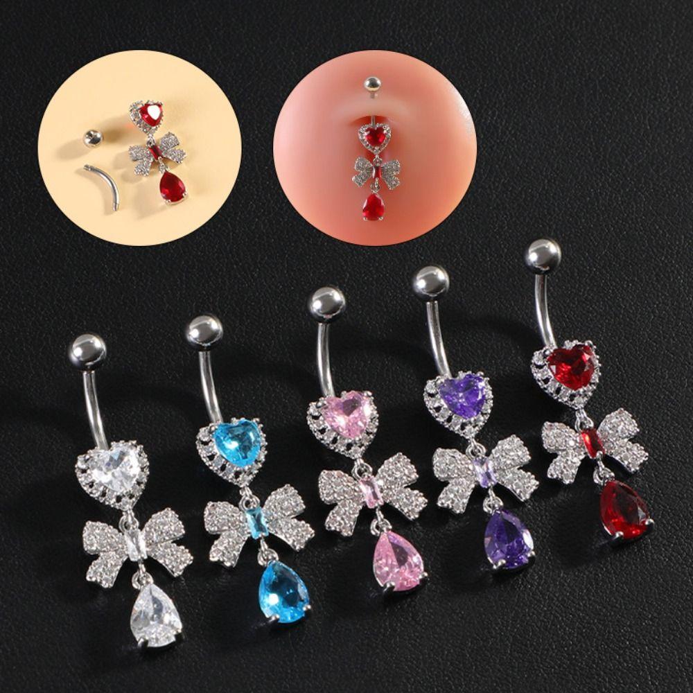 Rhinestone Body Piercing Jewelry Bow Heart Belly Button Ring Zircon Navel Ring  Party Decoration