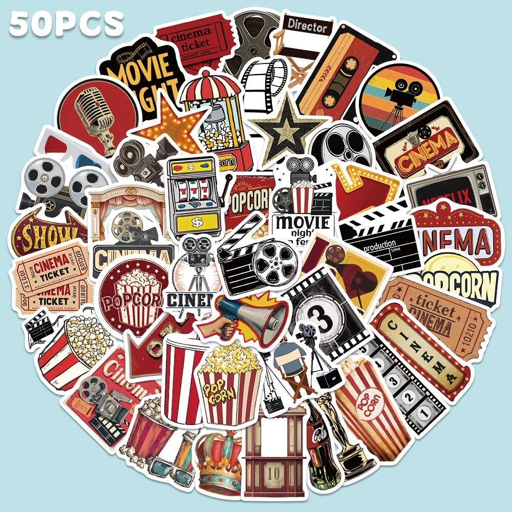 50 Stück Retro Kino Aufkleber Popcorn Graffiti Aufkleber für Tagebuch Kühlschrank Schrank Geldbörse Rucksack Umschlag Etikett Magazin Dekoration Aufkleber