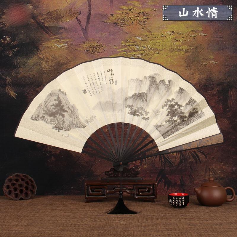Retro style men's big folding fan with fan tassel Portable daily decorative hand fan Laser engraving fan bone Durable hand fan