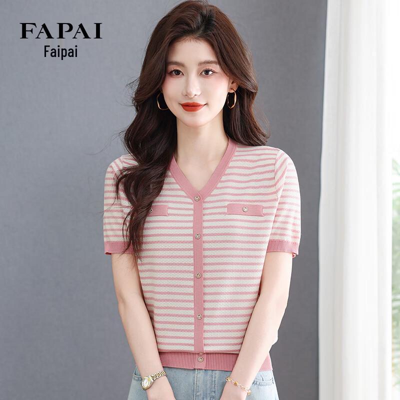 FAPAI Women s Retro Striped V-neck Knit Top M