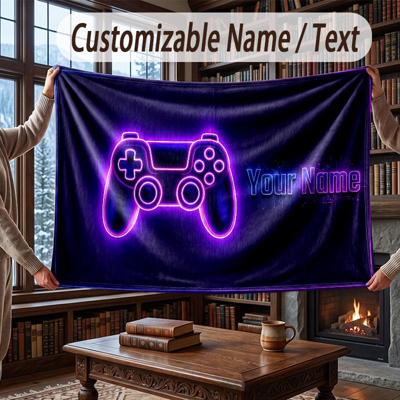 Game Controller Theme Throw Blanket Custom Name Text Personalized Blanket Soft Cozy Blanket for Home Sofa Bed