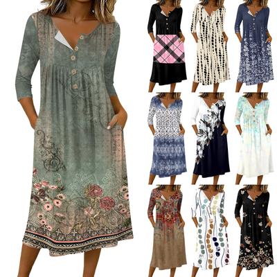 Women's Fashionable Color Printed Round Neck 3/4 Sleeve Button Collar Mid Length Casual Dress