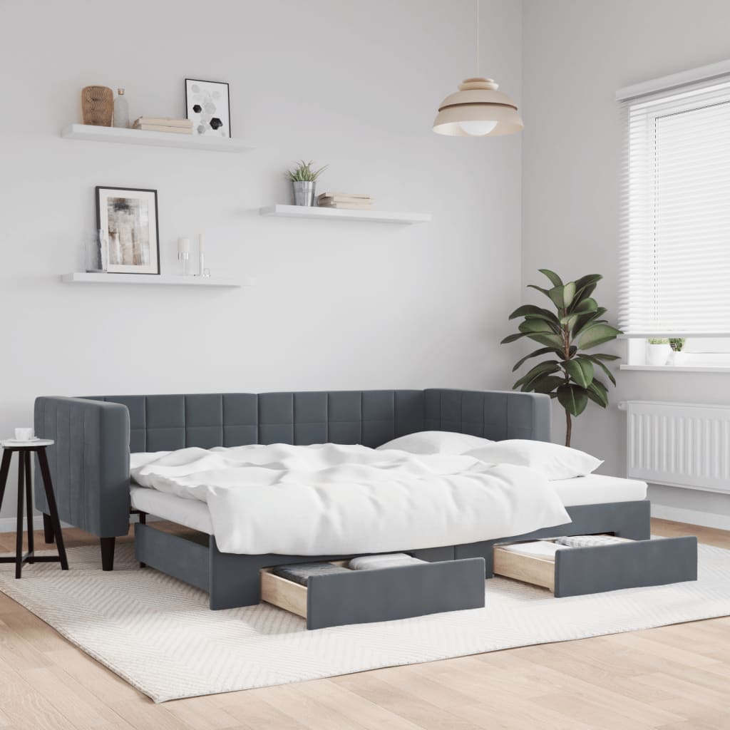 Pull Out Daybed with Drawers Dark Grey 90 X 190 Cm Velvet