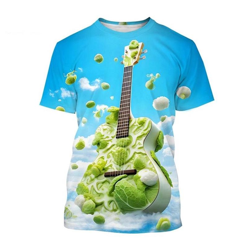 Camiseta con estampado 3D de arte de guitarra creativa, patrón de instrumento musical, camiseta de manga corta con cuello redondo para hombres, camisetas casuales