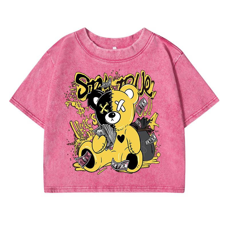 Bear Cartoon Pattern Printing Women Washed Short T-Shirt Soft Tshirts Street Distress T Shirts Sports Breathable Tshirt