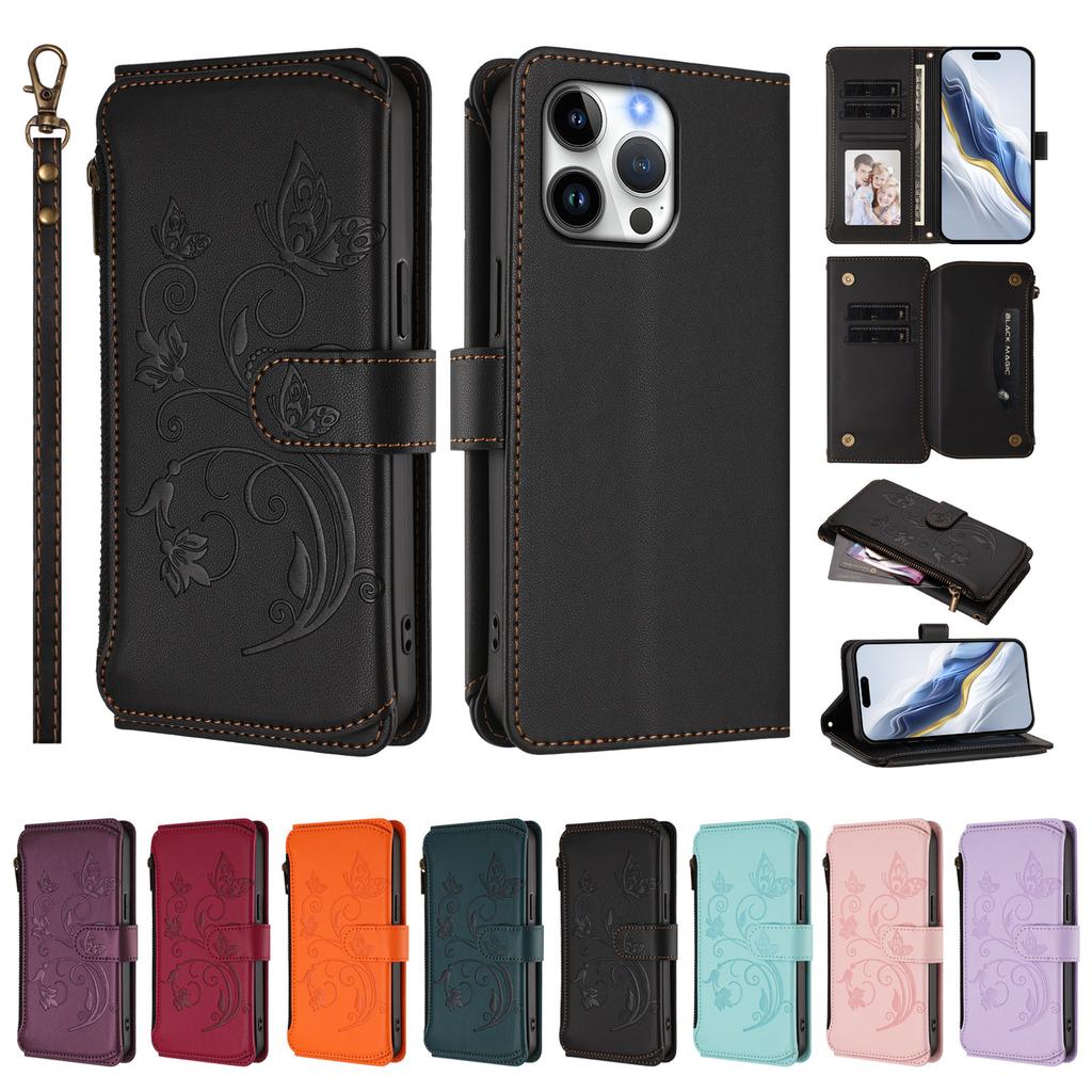 For iPhone 16 Pro Max Leather Case Butterfly Floral Imprint Zipper Wallet Stand Cover with Wrist Strap