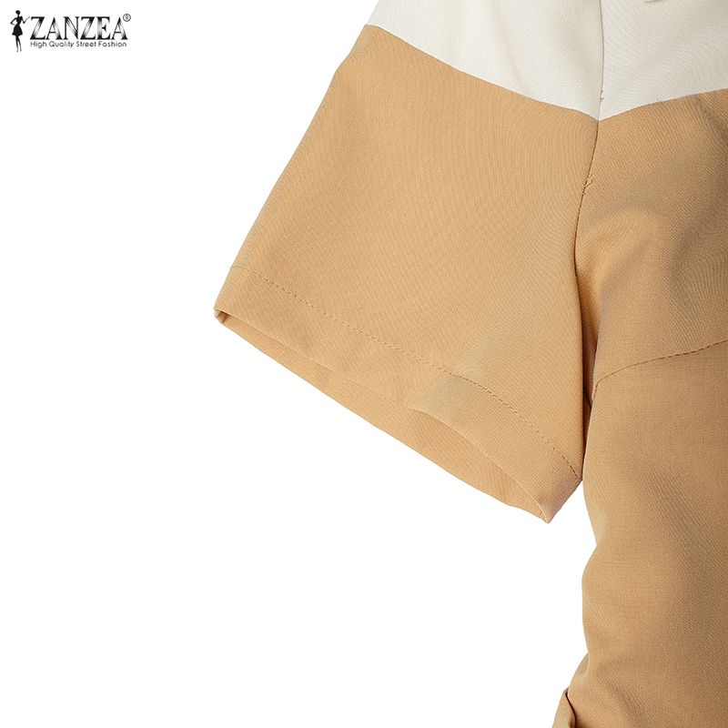 ZANZEA Women Patchwork Casual Turn Down Collar Elegant Short Sleeve Dress