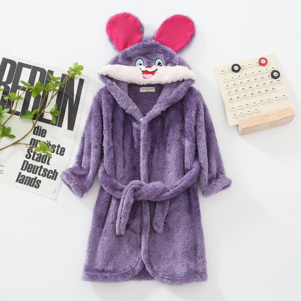 Children's Plush Cartoon Bathrobe - Boys' & Girls' Double-Sided Fleece Pajamas for Autumn/Winter