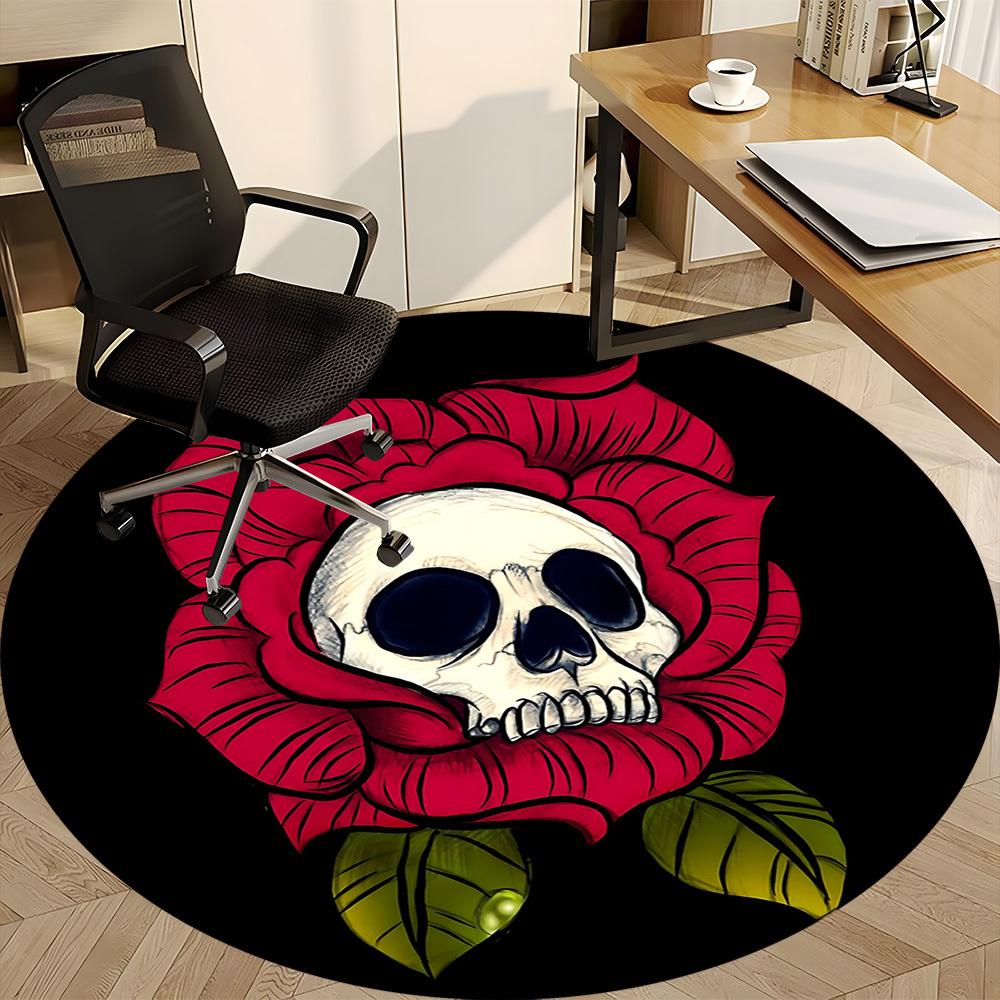 1pc Skull Rose Office Round Area Rug,  Mat Suitable For Office, Under Office Chairs Bedroom Living Room Home Decor, Room Deco