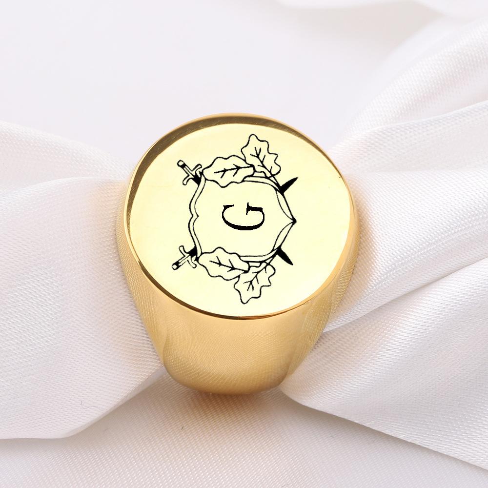 22MM Circular Retro Laser Double Sword Leaf Letter Titanium Steel Ring Stainless Steel Fashion Jewelry