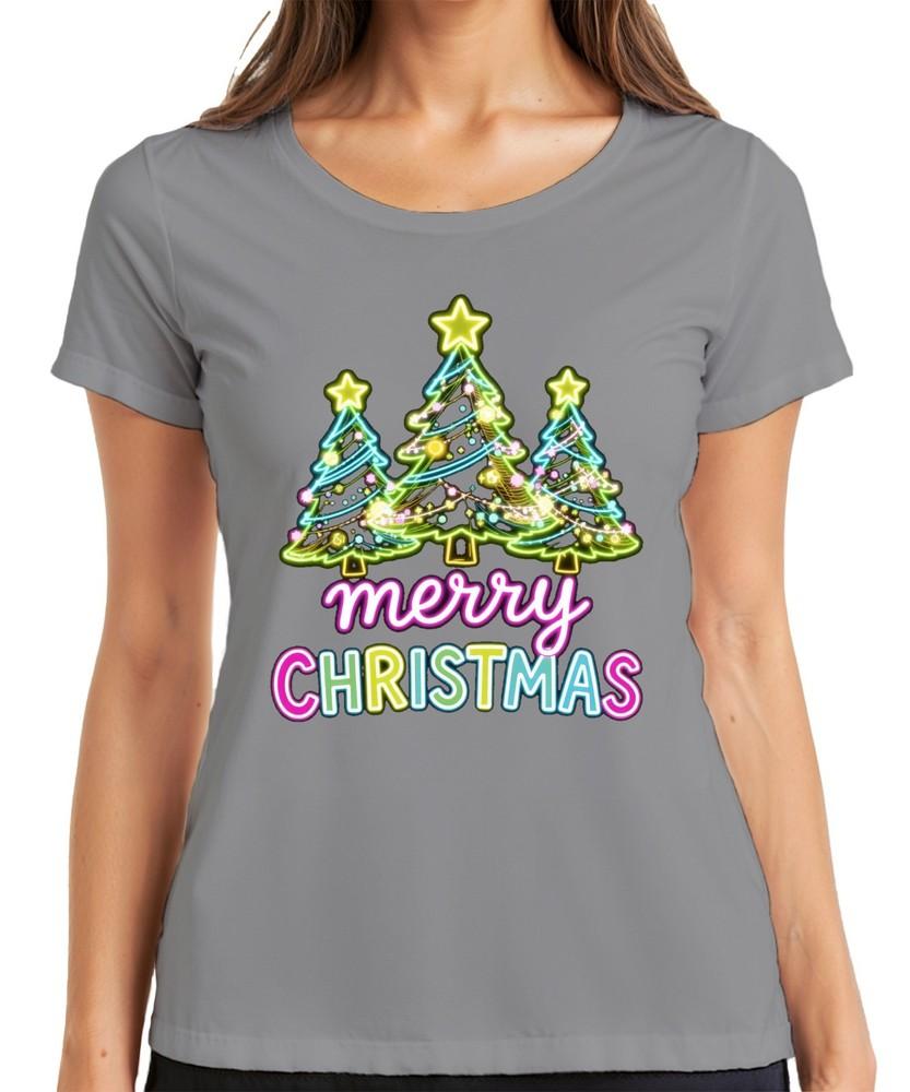 Merry Christmas Neon Christmas Trees Light Up Font Retro Gift Ladies TShirt