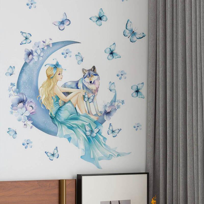 Blue Moon Butterfly Woman Wolf Wall Sticker Self Adhesive Removable PVC Bedroom Living Room Hallway Background Decor