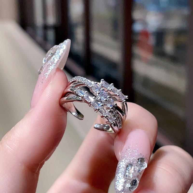 Super Flash Zircon Full Diamond Micro-Inlaid Open Ring Niche Light Luxury High Sense Cold Wind Index Finger Ring Female