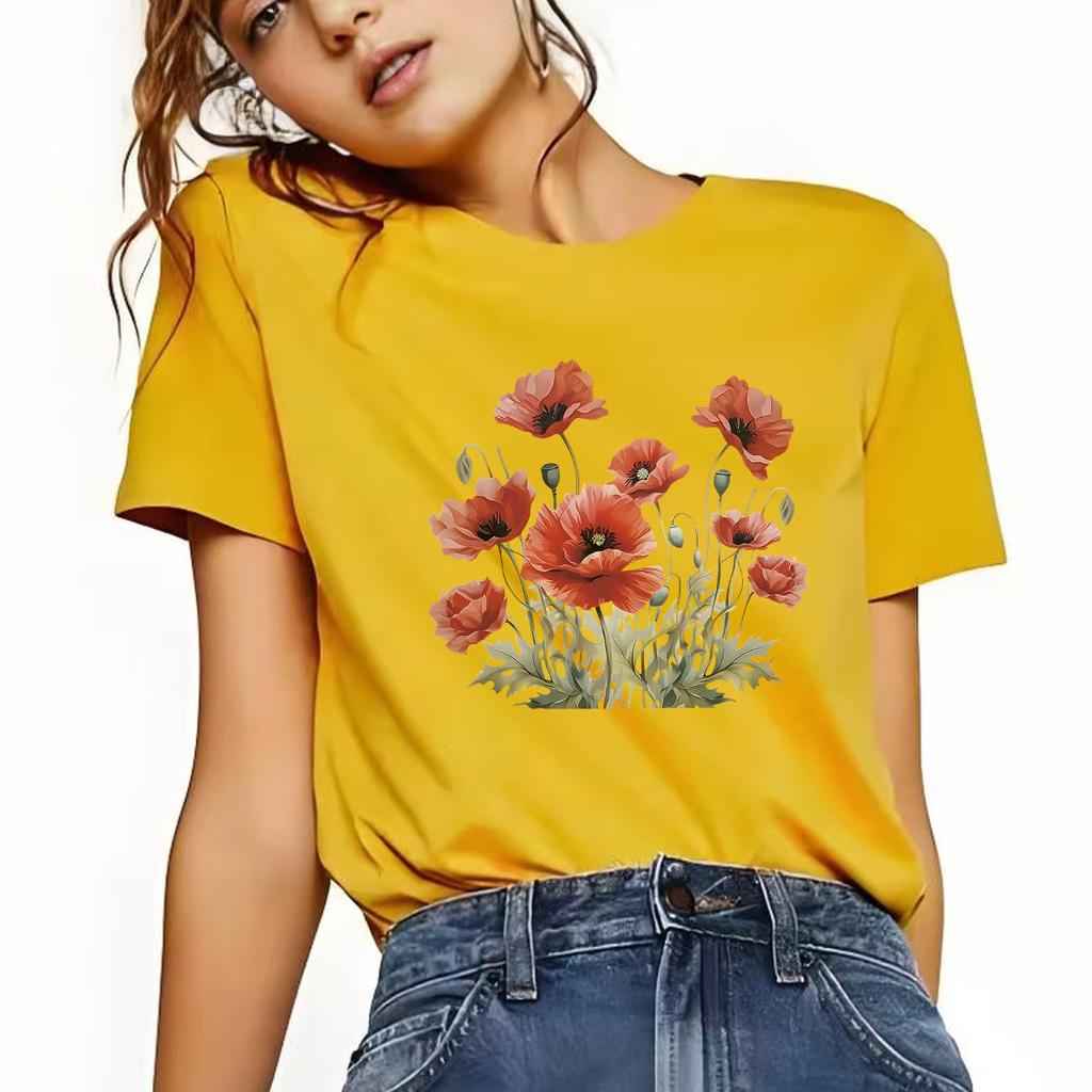 Beautiful flower print short sleeved round neck Womens Tshirt for spring and summer versatile Womens Tshirt
