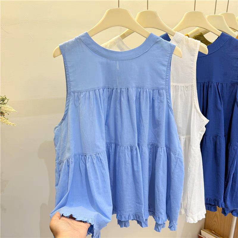 Женская безрукавка-футболка 2026 года в корейском стиле, облегающая, с оборками по подолу, для похудения 3XL светло-синий