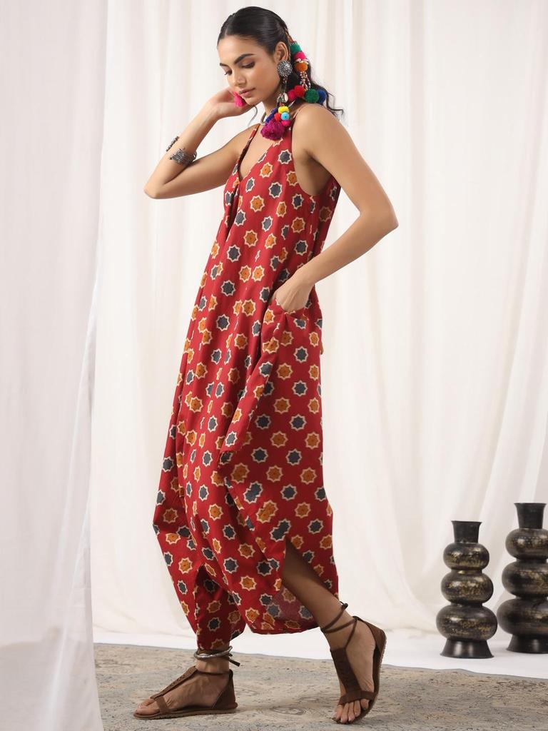 Hand Block Print Jumpsuit Baumwolle Rot Schwarz Jumpsuit,Einheitsgröße mit Taschen Boho Chic Handgefertigt Yoga Jumpsuit Sommer,lockerer Overall,Harem Jumpsuit