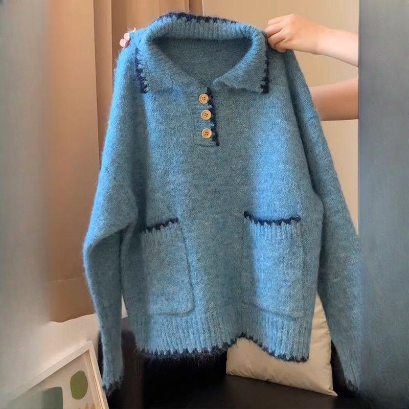 

Ретро свитер с минималистичным сладким колор-блоком, кружевным воротником поло, ленивый, стройнящий, повседневный, универсальный трикотаж L павлин голубой