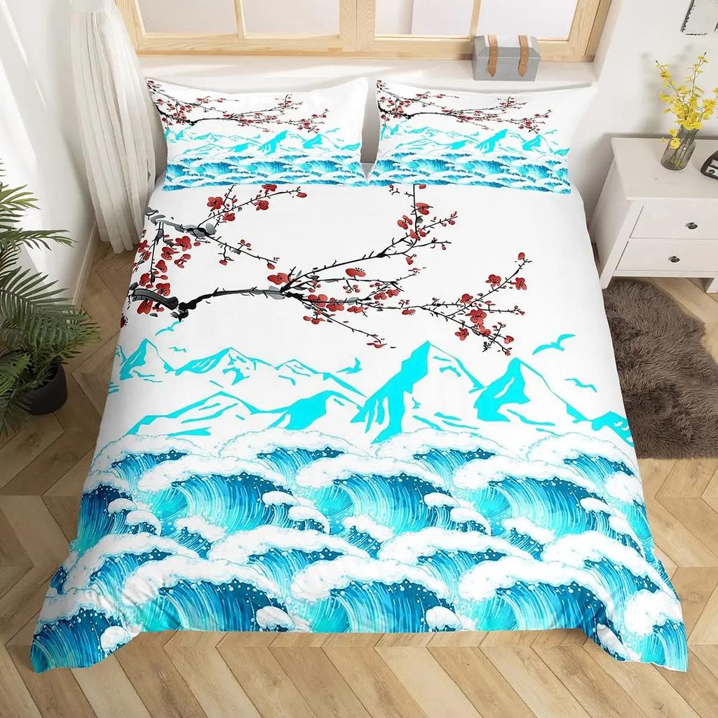 Japanese Ukiyo-E King Queen Duvet Cover Golden Fish Hokusai Bedding Set Crane Wave Quilt Cover Red Sun Polyester Comforter Cover