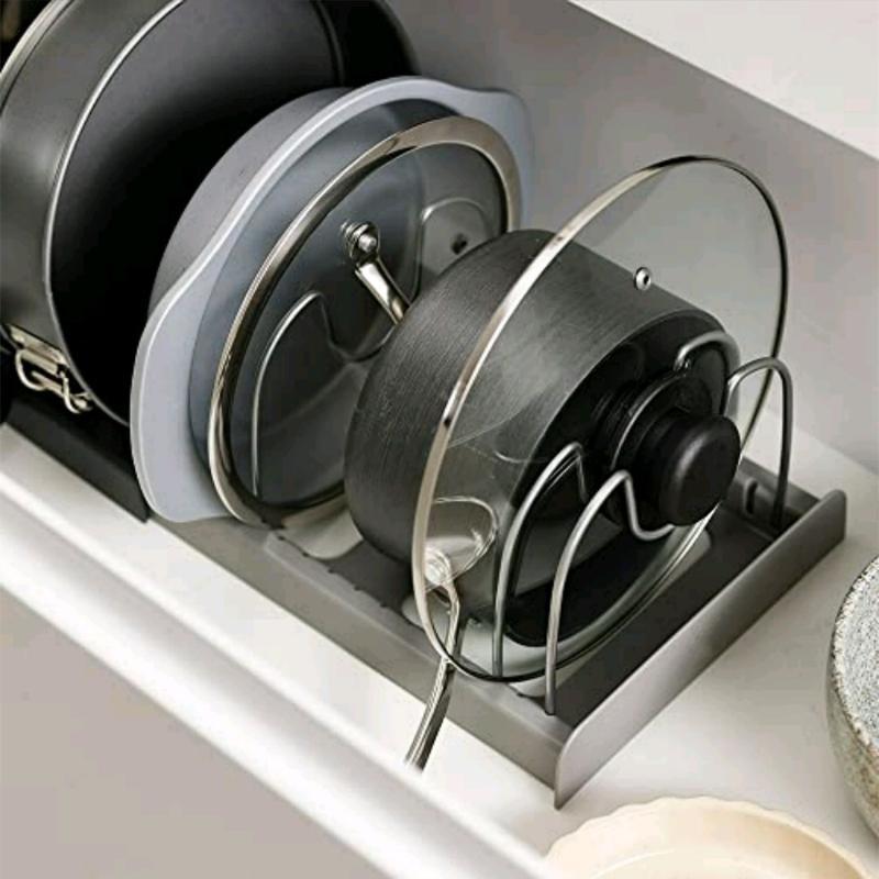 7-Grid Adjustable Pot Rack Telescopic Pan Organizer Easy Assemble Cabinet Storage Holder for Pantry Kitchen Countertop RV Use