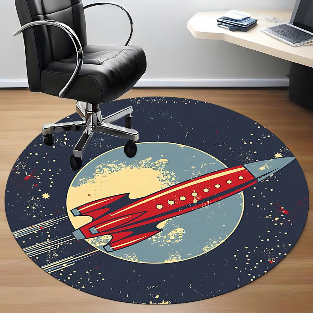 1pc Rocket Moon Office Round Area Rug, Indoor Mat Suitable For Office, Under Office Chairs Bedroom Living Room Home Decor, Room Deco