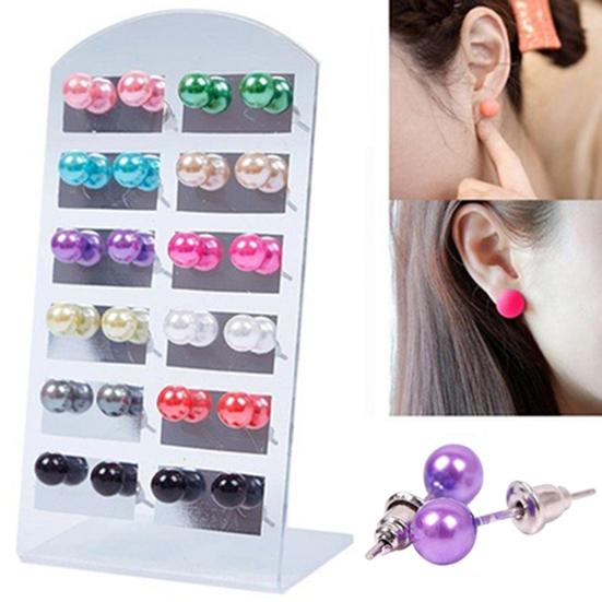 12 Pairs Women Fashion Faux Pearl Round Ball Ear Studs Earrings for Party