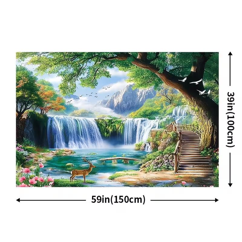 2D-Natur-Wandteppich mit Wasserfall, Hirschen und Seelandschaft als Hintergrundstoff für das Wohnzimmer