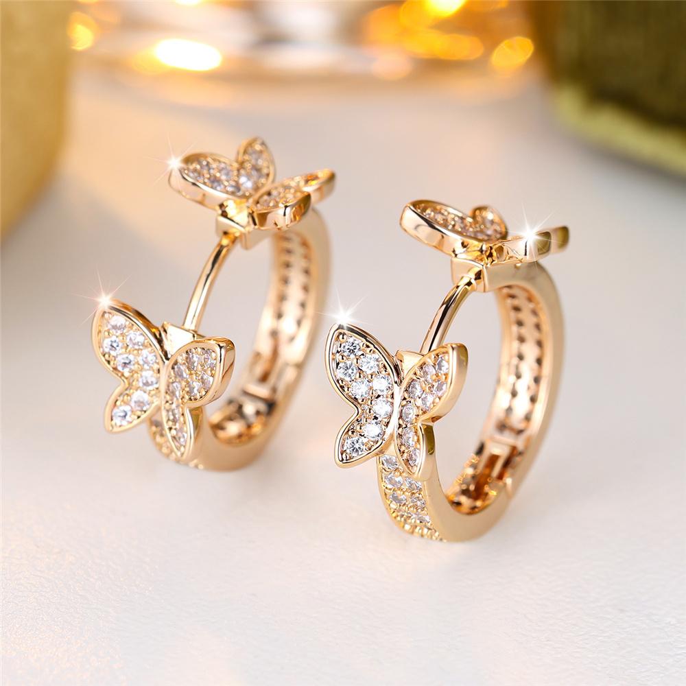 Charm Female White Crystal Stone Cute Butterfly Hoop Earrings Gold Color Simple Wedding Jewelry For Women