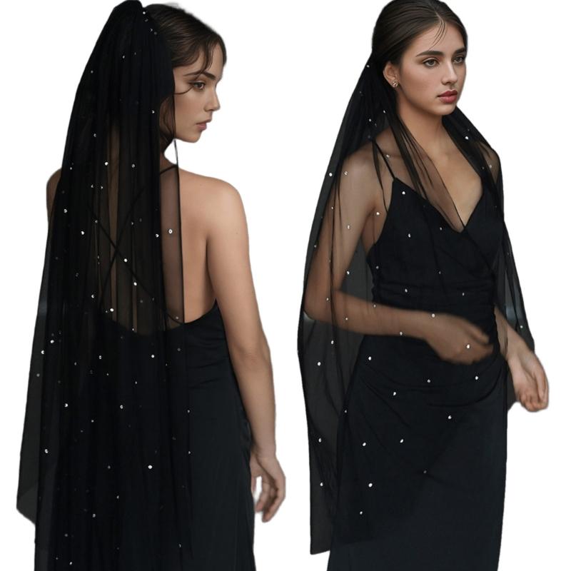 Elegant Black Bridal Veil With Rhinestones Embellishments Unique Headpieces Headwear For Weddings And Special Occasion
