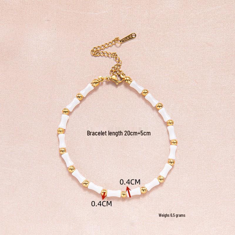 Women s French Retro Bamboo  Glass Beaded Bracelet and Gold-Plated Stainless Steel Necklace Set