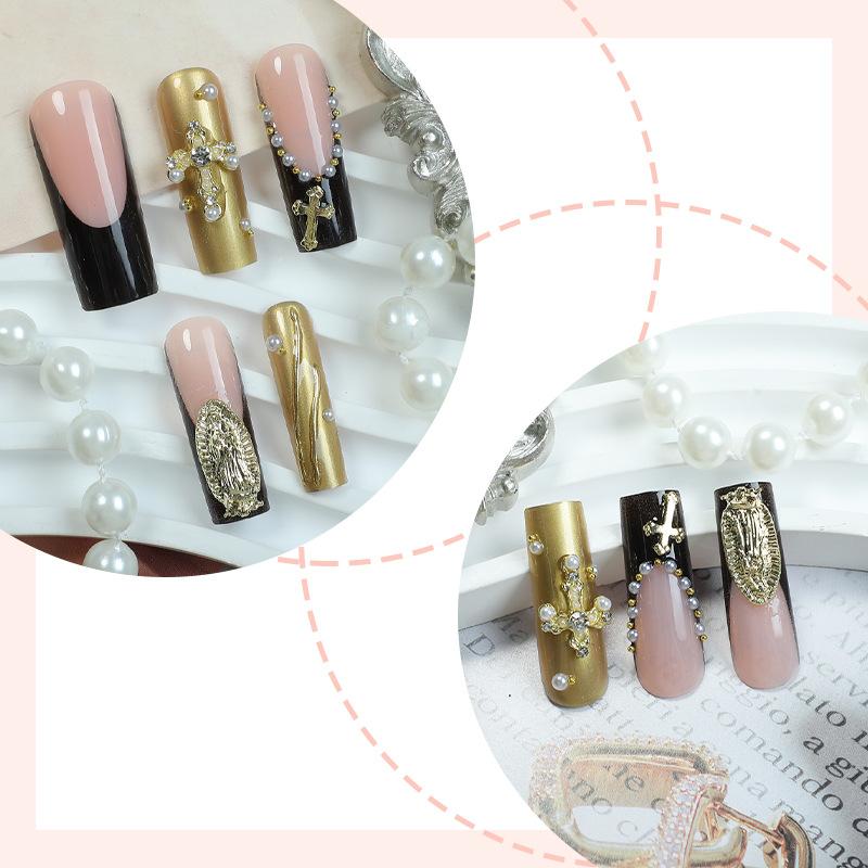 Coffin Press On Nails Long Square Fake Nails French Tip Glue On Nail with Gold Designs Reusable False Acrylic Nails Full Cover Stick On Nail for Women