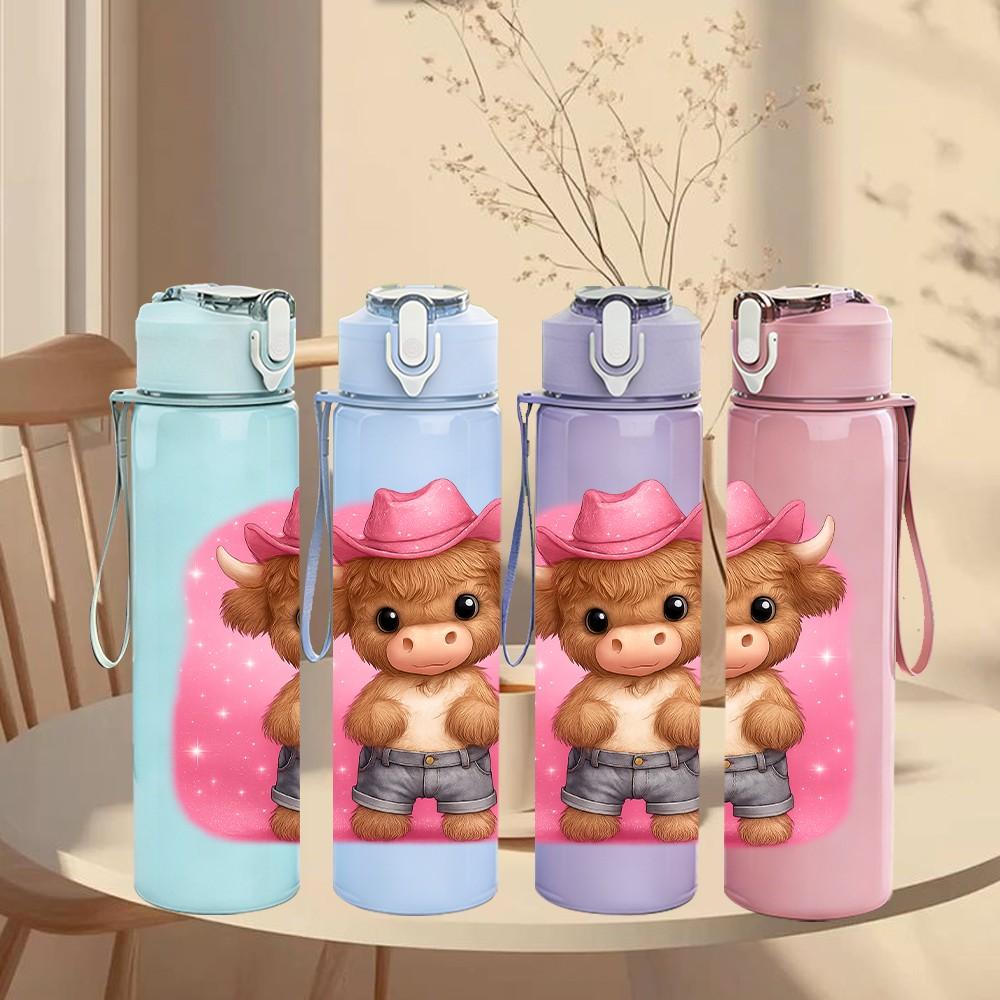 1PC Cowboy Teddy Bear Pattern 750ml Color Plastic Sports Water Bottle Leakproof Flip Straw Lid Suitable for Sports Office Home Use