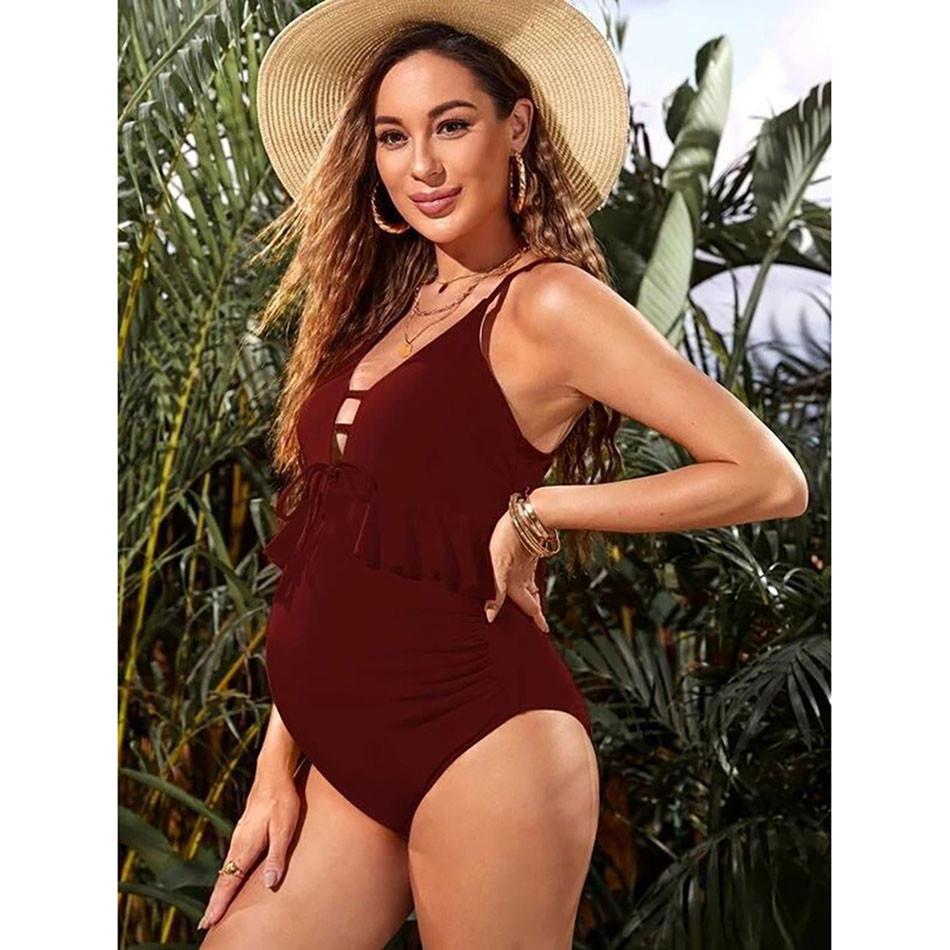 Elegant Maternity Swimwear One-Piece Draw String Ruffles Swimsuit Pregnant Women Ideal for Beaches Pools and Outdoor Activities