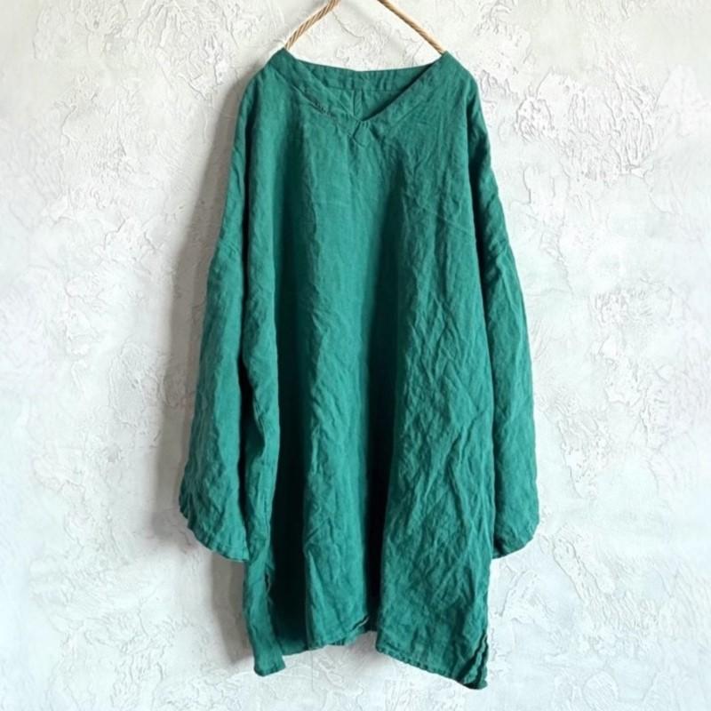 

Johnature Women Vintage Embroidery T-Shirts V-Neck Long Sleeve Spring Solid Color Women Loose Long T-Shirts One Size