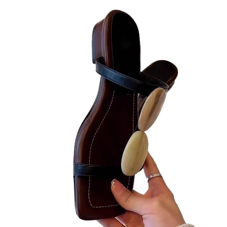 [Fanfna] French One-word Cool Slippers for Women, Open-toed Square Head Temperament Roman Shoes, Flat Beach Shoes for Women