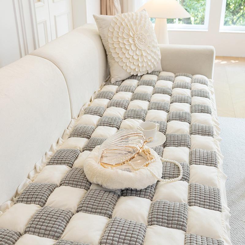Simple Thickened Plaid Sofa Cushion Handcraft Patchwork Bun Steaming Plate Leather Sofa of Solid Wood Non-Slip Cushion Plush Window Cushion