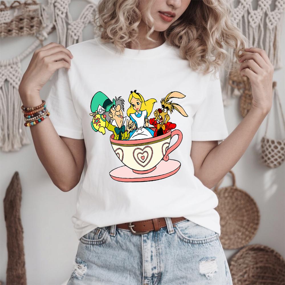 Disney Alice In Wonderland Teacup Trio Print Cotton T Shirt For Women Casual Comfortable Daily Wear Soft Breathable Tee