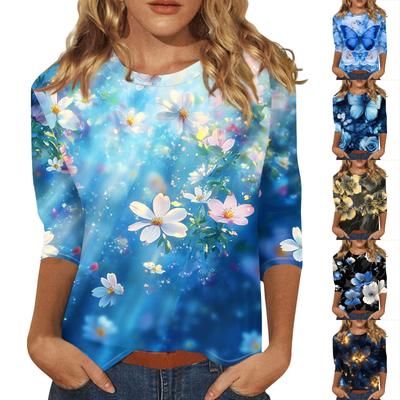 Women's Fashion Casual Three-quarter Sleeve Floral Print Round Neck Pullover Top