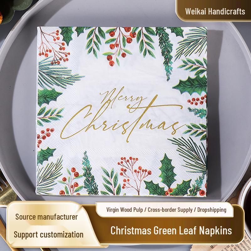 Merry Christmas Green Leaf Paper Napkins - Soy Ink, Virgin Wood Pulp, Food Grade, English Square Design