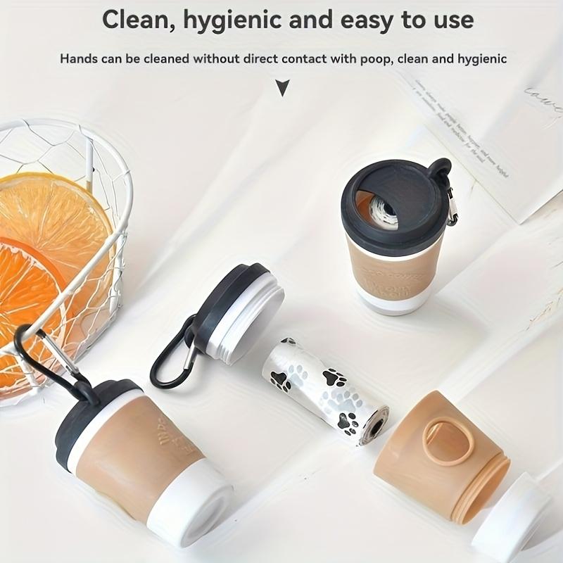 Doggy Coffee Cup Pet Waste Bag Distributor - Portable Dog Feces , with a Safety Lid, In Beige and Black Design,Outdoor Dog Walks