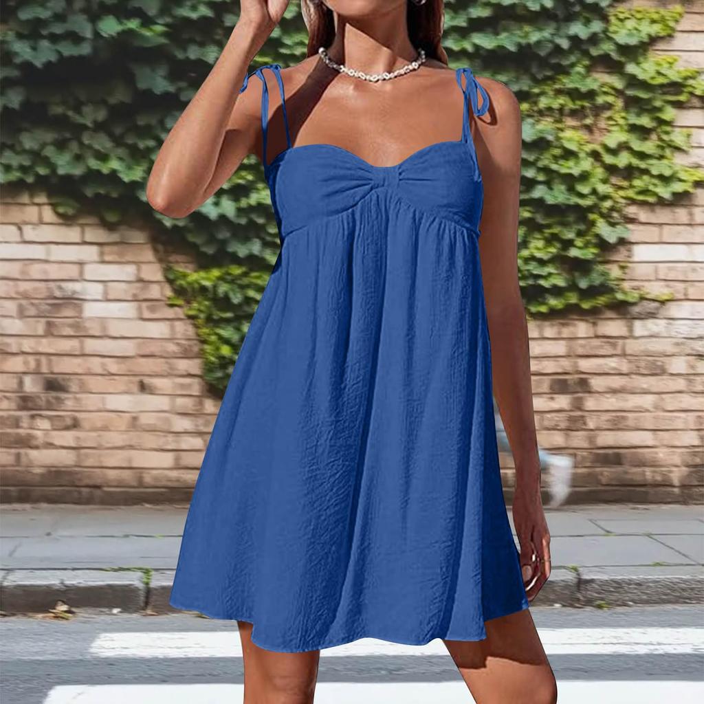 Women's Casual Loose Fit Sleeveless Tie Strap Dress Lightweight Breathable Fabric Summer Dress with Adjustable Shoulder Straps and Flared Hem