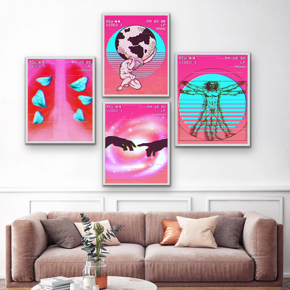 Pink Fantasy Lure Retro Wall Art Poster Print Fluture Iubitor de moarte Skeleton Vaporwave Pânză Pictură Abstractă Camera Home Decor