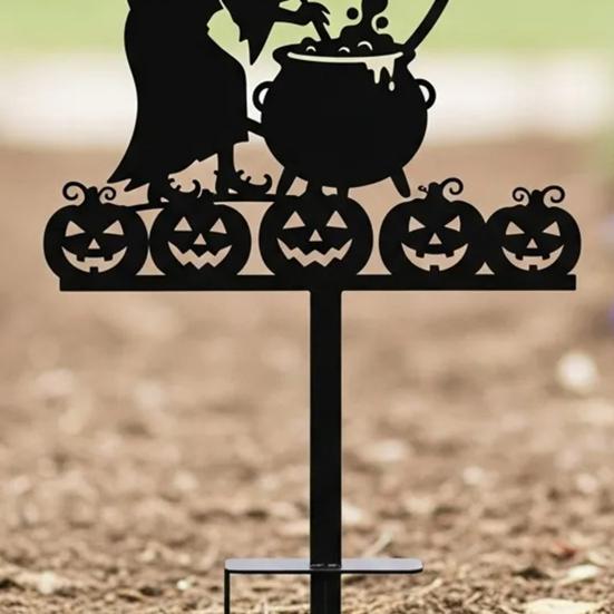 Handmade Witch Garden Stake Black Finish Powder Coated Metal Art Witch Silhouette Stake Halloween Decor