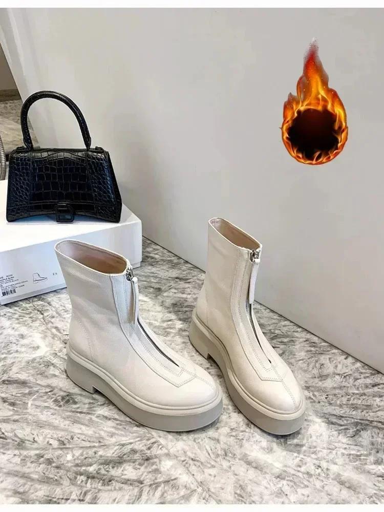 Female 2025 Autumn/Winter Front Zipper Leather Thick Sole Ankle Boots British Style Thick Heel Fashion Plush Women's Short Boot