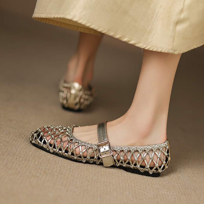 Krazing Pot Straw Weaving Mary Janes Summer Size 42 European Design Thick Flat with Women Women Round Toe Flats