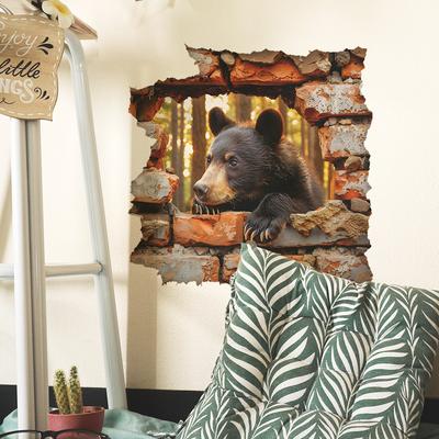 3D Brown Bear Breaking Brick Wall Stickers Realistic Wildlife Mural Self-Adhesive Wall Art for Bedroom Living Room Hallway Decor
