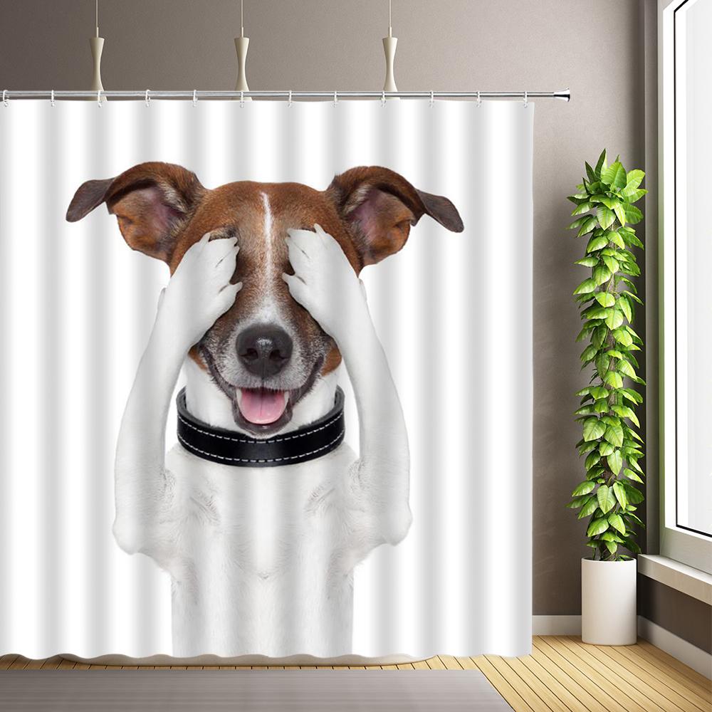 Funny Dog and Cats Shower Curtains Kids Cartoon Animals Cute Pets Hilarious Design Bathroom Decor Fabric Bath Curtain with Hooks